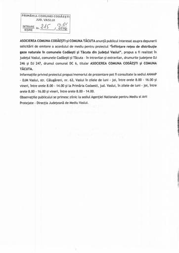 Anunt acord de mediu pentru proiectul “Înființare rețea de distribuție gaze naturale în comunele Codăești și Tăcuta din județul Vaslui”