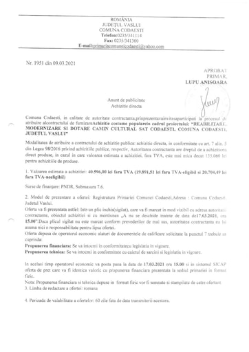 Anunt de publicitate  Achizitie directa