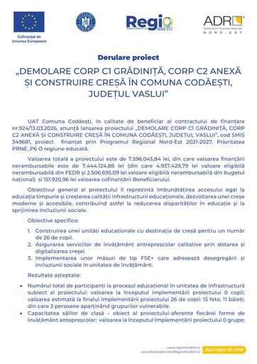 DEMOLARE CORP C1 GRĂDINIȚĂ, CORP C2 ANEXĂ ȘI CONSTRUIRE CREȘĂ ÎN COMUNA CODĂEȘTI, JUDEȚUL VASLUI